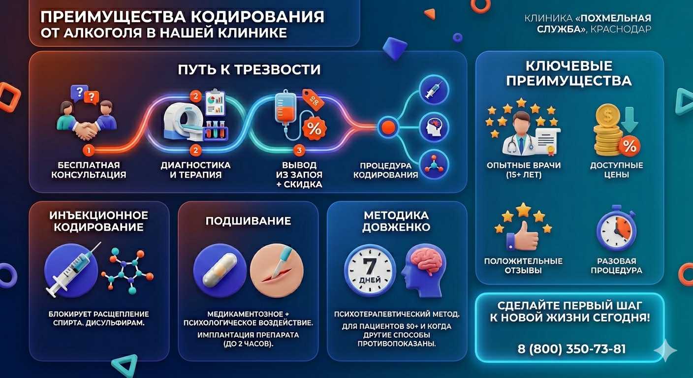 Инфографика о методах кодирования от алкоголя в Кавказской: инъекции, подшивание, метод Довженко. Преимущества клиники и этапы лечения.