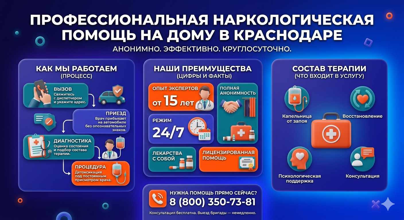 Инфографика о принципах лечения алкоголизма на дому в Кавказской: этапы вызова нарколога, преимущества анонимной детоксикации и состав медицинской помощи.